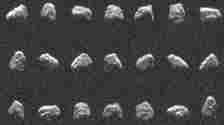 A series of images showing different rotational views of asteroid 4179 Toutatis taken from radar data, against a black background. The asteroid appears irregular in shape.