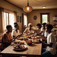 An AI-generated image showing people eating in an African home (hotpot.ai)