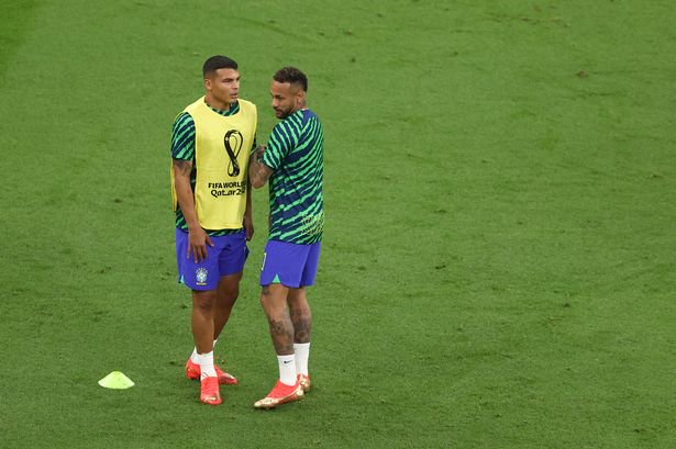 Thiago Silva and Neymar of Brazil during the FIFA World Cup Qatar 2022 Group G match between Brazil and Serbia