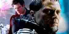 Split image of General Zod looking serious in man of steel in front of David Corenswet's superman putting his costume on in Superman promo image-1