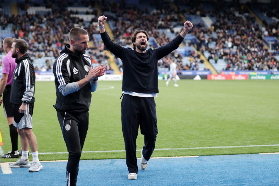 Leicester City manager Russell Martin celebrating.