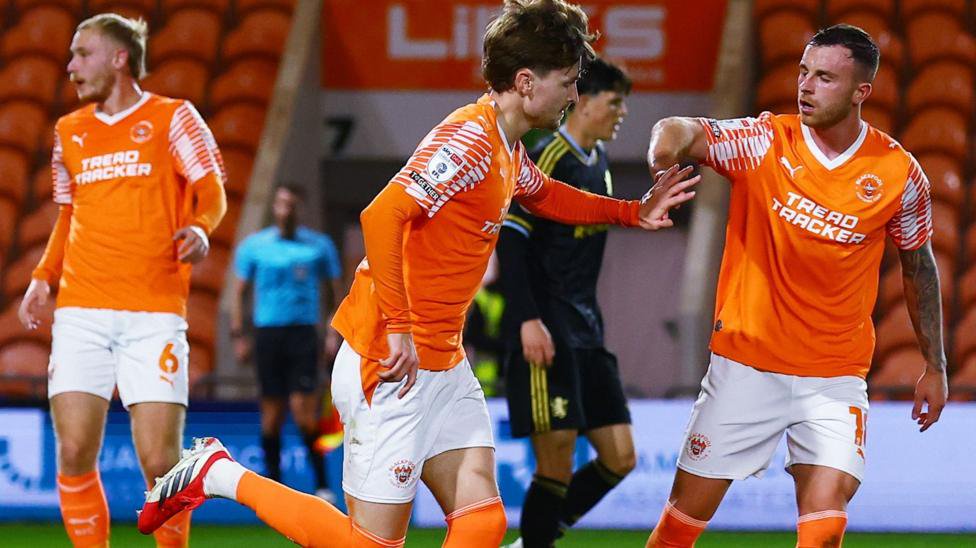 Zac Ashworth celebrates equalising for Blackpool in their 3-2 EFL Trophy win over Aston Villa