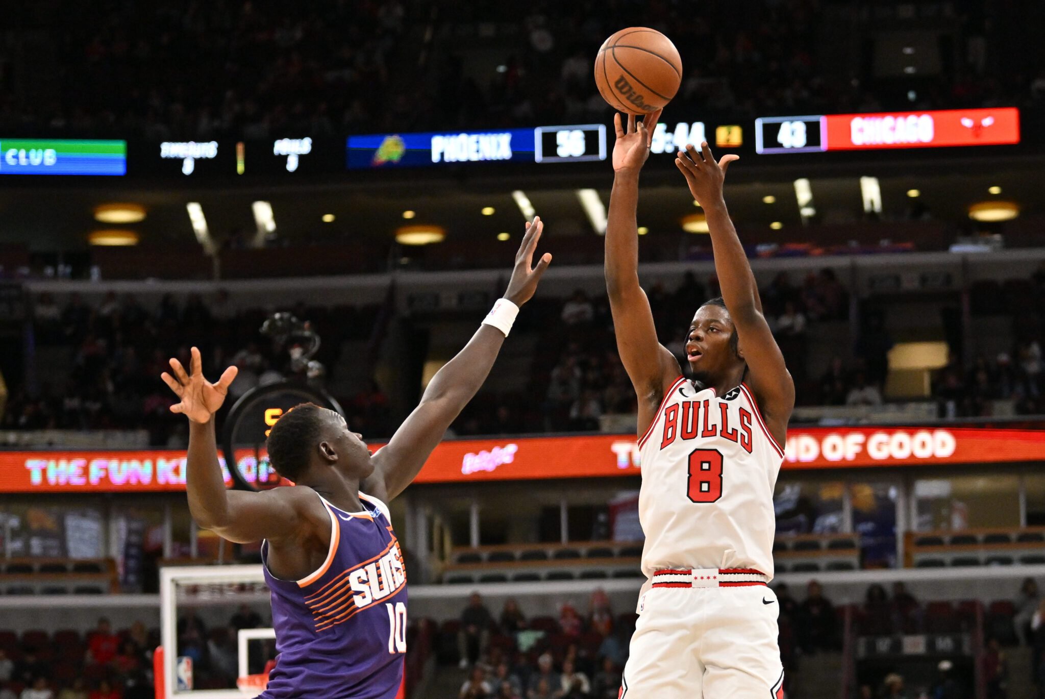 Oct 7, 2026; Chicago, Illinois, USA; Chicago Bulls forward Caleb Wilson (8) goes up for a shot against the Phoenix Suns during the first half at United Center. Mandatory Credit: Patrick Gorski-Imagn Images