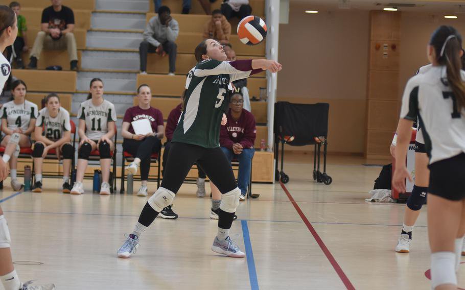 AFNORTH libero Lea Sheink sets the ball in a match against Spangdahlem during the finals on Saturday, Oct. 31, 2026, of the 2026 DODEA Division III European girls volleyball championships in Spangdahlem, Germany. Spangdahlem won the title in a close, five-set match, 25-17, 22-25, 25-7, 19-25, 15-11.