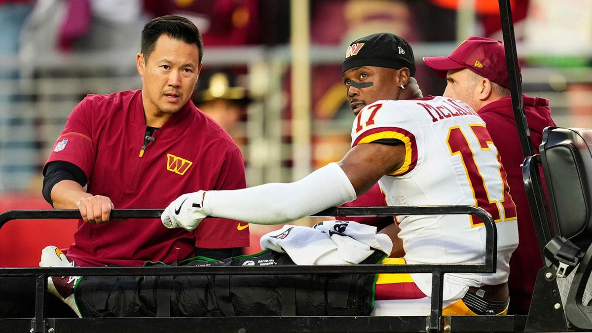 Terry McLaurin is carted off the field at Levi's Stadium.