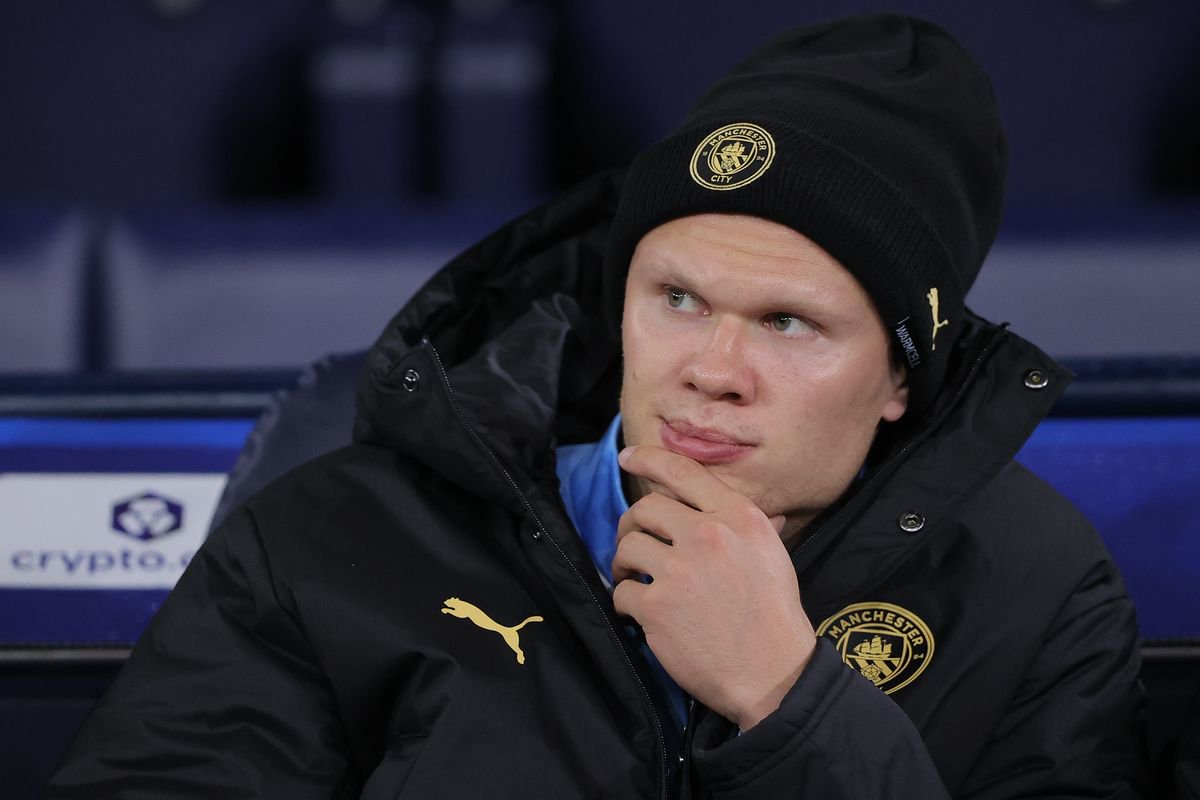 Erling Haaland of Manchester City looks on from the bench during the UEFA Champions League 2026/27 League Phase MD3 match between City and AEK Athens