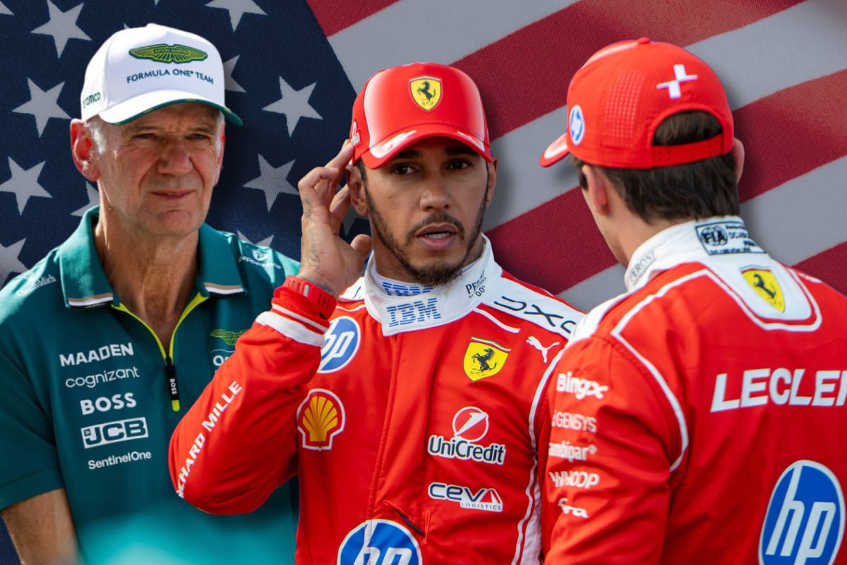 Adrian Newey is shown with Lewis Hamilton and Charles Leclerc in a composite image — Photo: © IMAGO