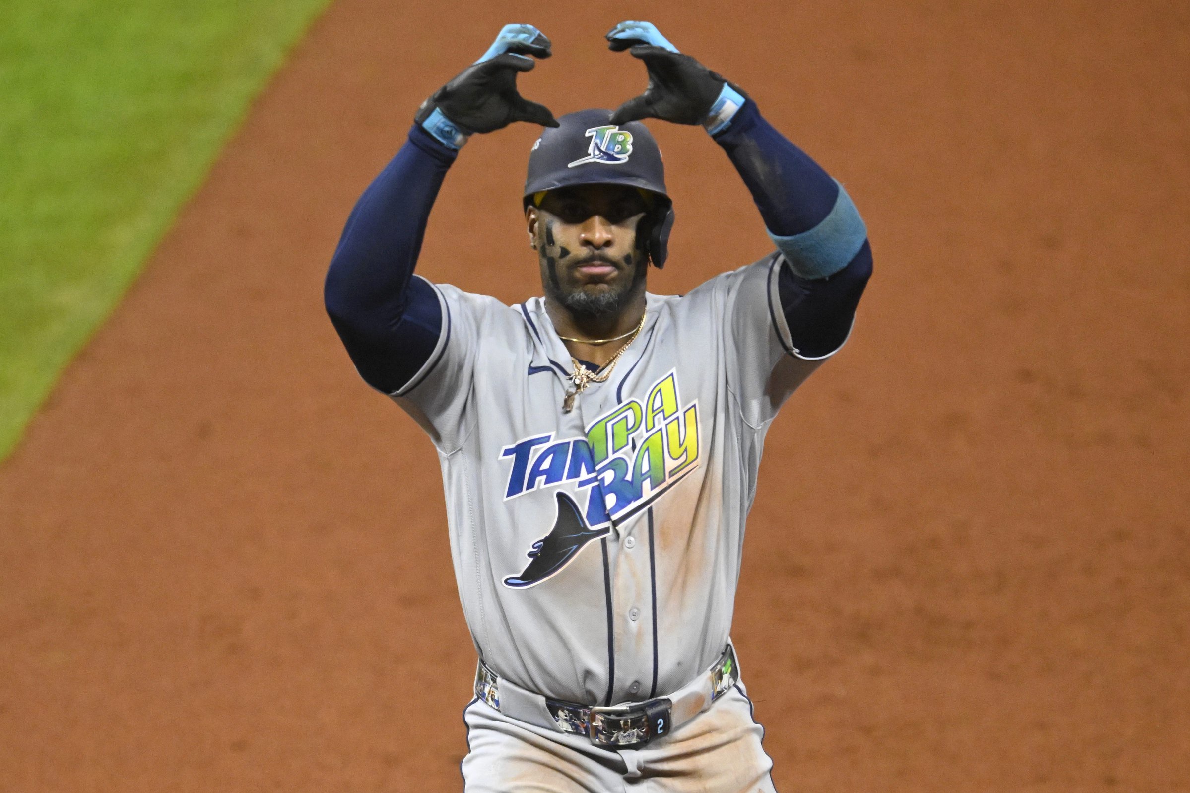 Oct 17, 2026; Cleveland, Ohio, USA;  Tampa Bay Rays designated hitter Yandy Diaz (2) celebrates while he rounds the bases after hitting a two-run home run against the Cleveland Guardians during the ninth inning in game four of the ALCS for the 2026 MLB Playoffs at Progressive Field.  Mandatory Credit: David Richard-Imagn Images