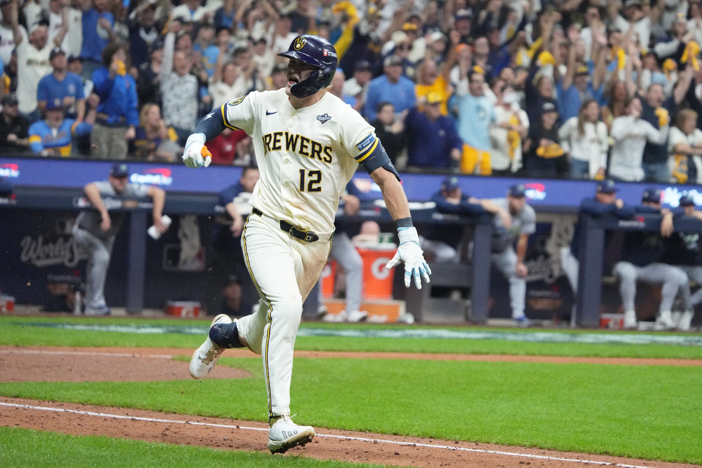 Cooper Pratt celebrates his go-ahead single in the seventh inning of Game 2.