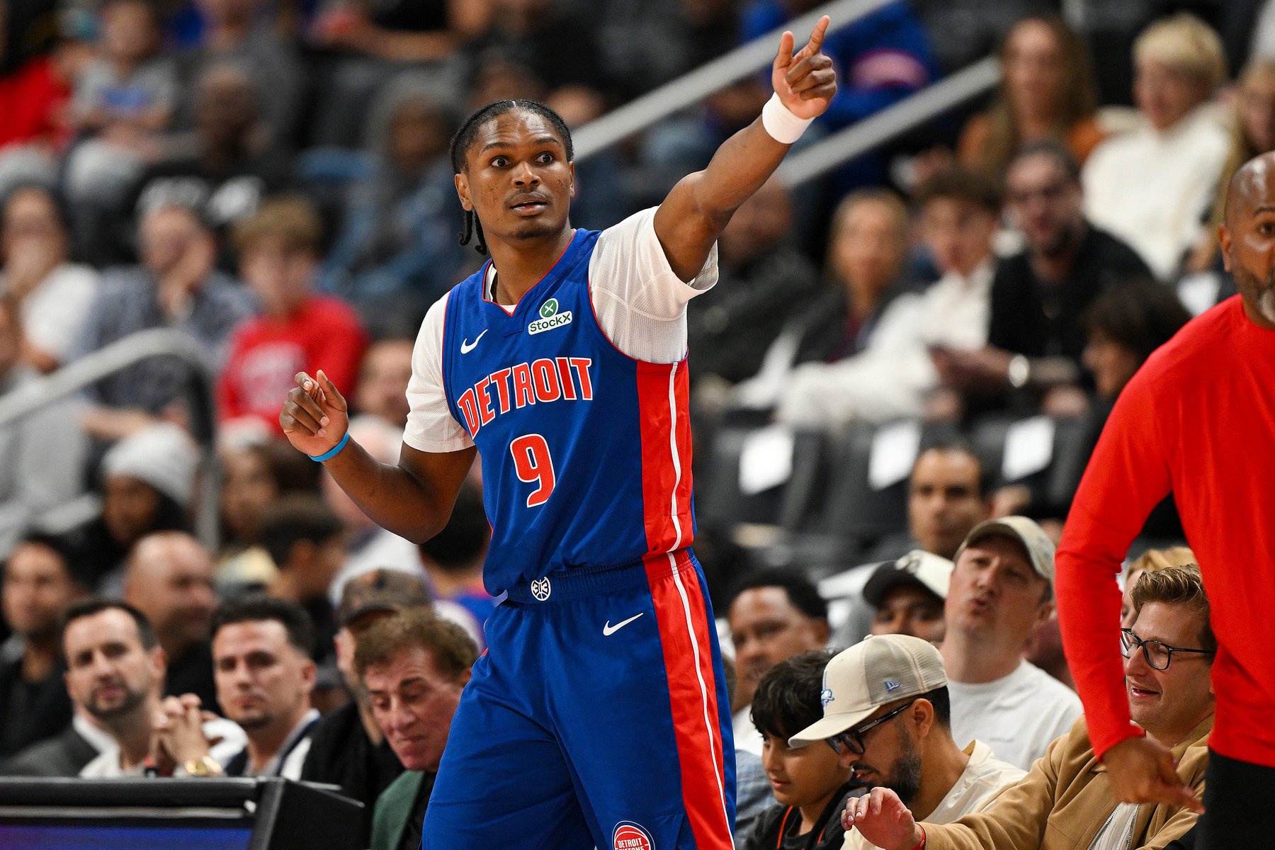 Oct 28, 2026; Detroit, Michigan, USA;  Detroit Pistons guard Ausar Thompson (9) points up the floor after the Charlotte Hornets turned the ball over to the Pistons in the second half at Little Caesars Arena.  Mandatory Credit: Lon Horwedel-Imagn Images
