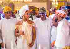 Gov Dapo Abiodun, the bride Chioma, Gov Babajide Sanwo-Olu of Lagos, his Abia counterpart, Alex Otti, and the groom, David Adeleke. [Punch]