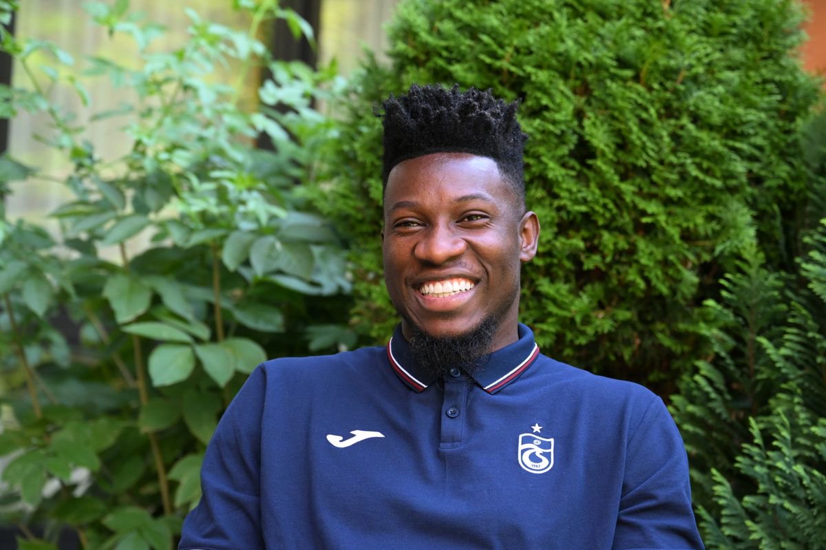 Trabzonspor goalkeeper Andre Onana speaks during an interview at the team's pre-season training camp