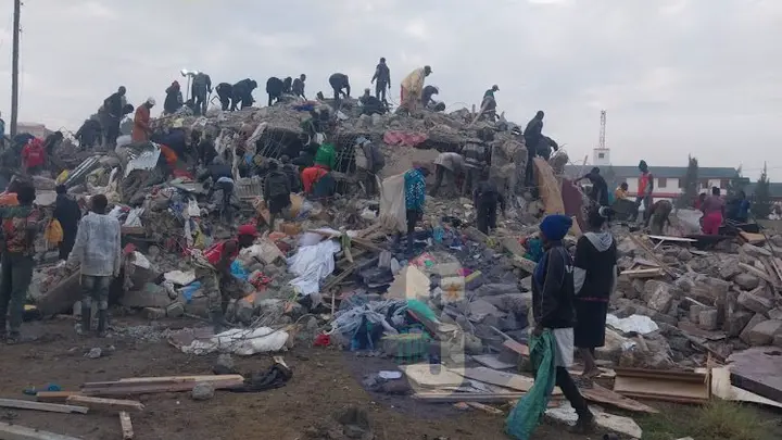 Victims struggling to salvage households as youths scavenge for steel metals from the demolished Mama Uhuru house at Kangundo Road market in Umoja, Nairobi on January 10, 2024