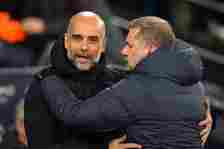 Manchester City manager Pep Guardiola (left) and Tottenham Hotspur manager Ange Postecoglou before the Premier League match at the Etihad Stadium, Manchester