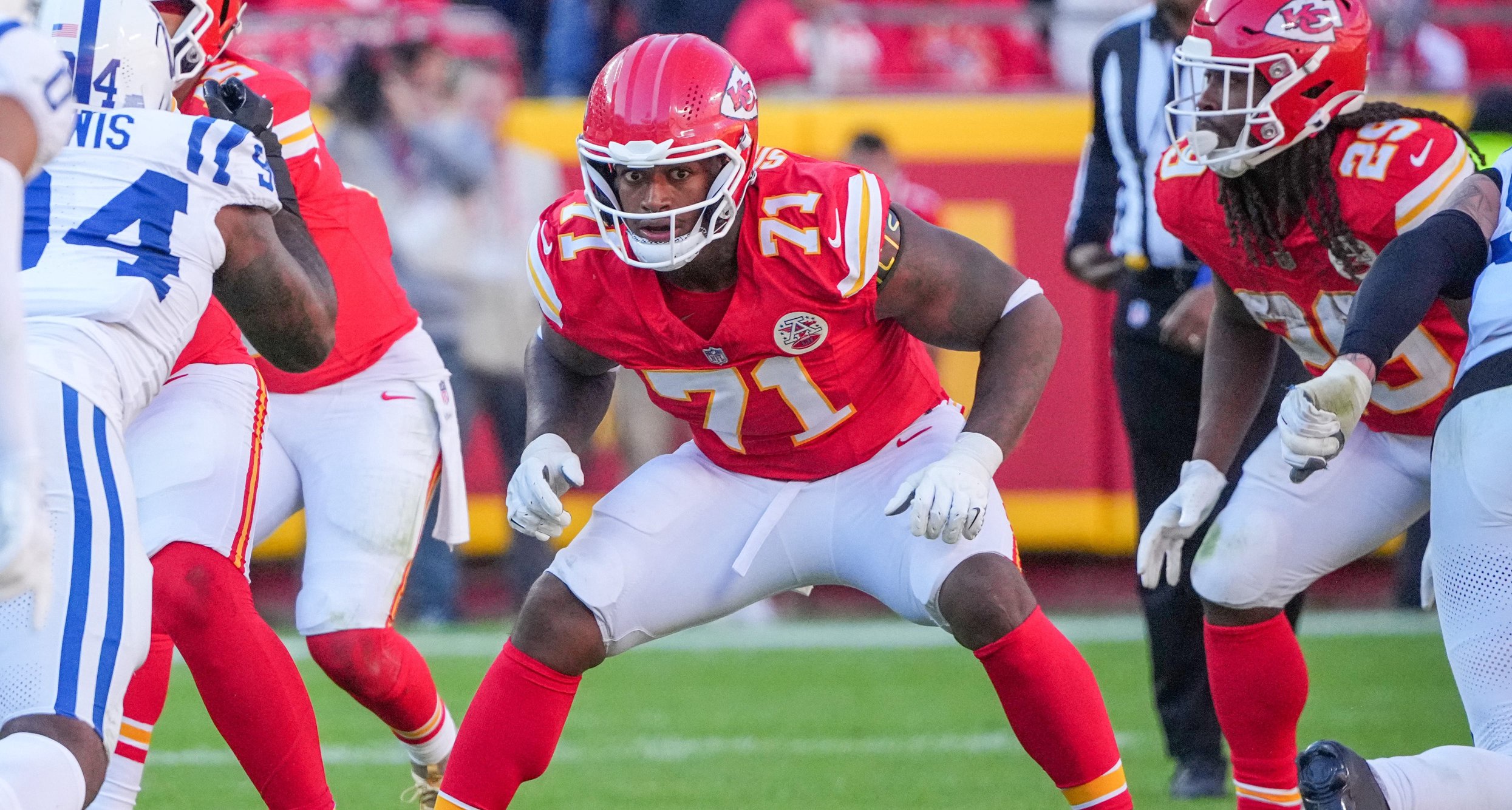 Nov 23, 2025; Kansas City, Missouri, USA; Kansas City Chiefs offensive tackle Josh Simmons (71) on field against the Indianapolis Colts during the game at GEHA Field at Arrowhead Stadium. Mandatory Credit: Denny Medley-Imagn Images
