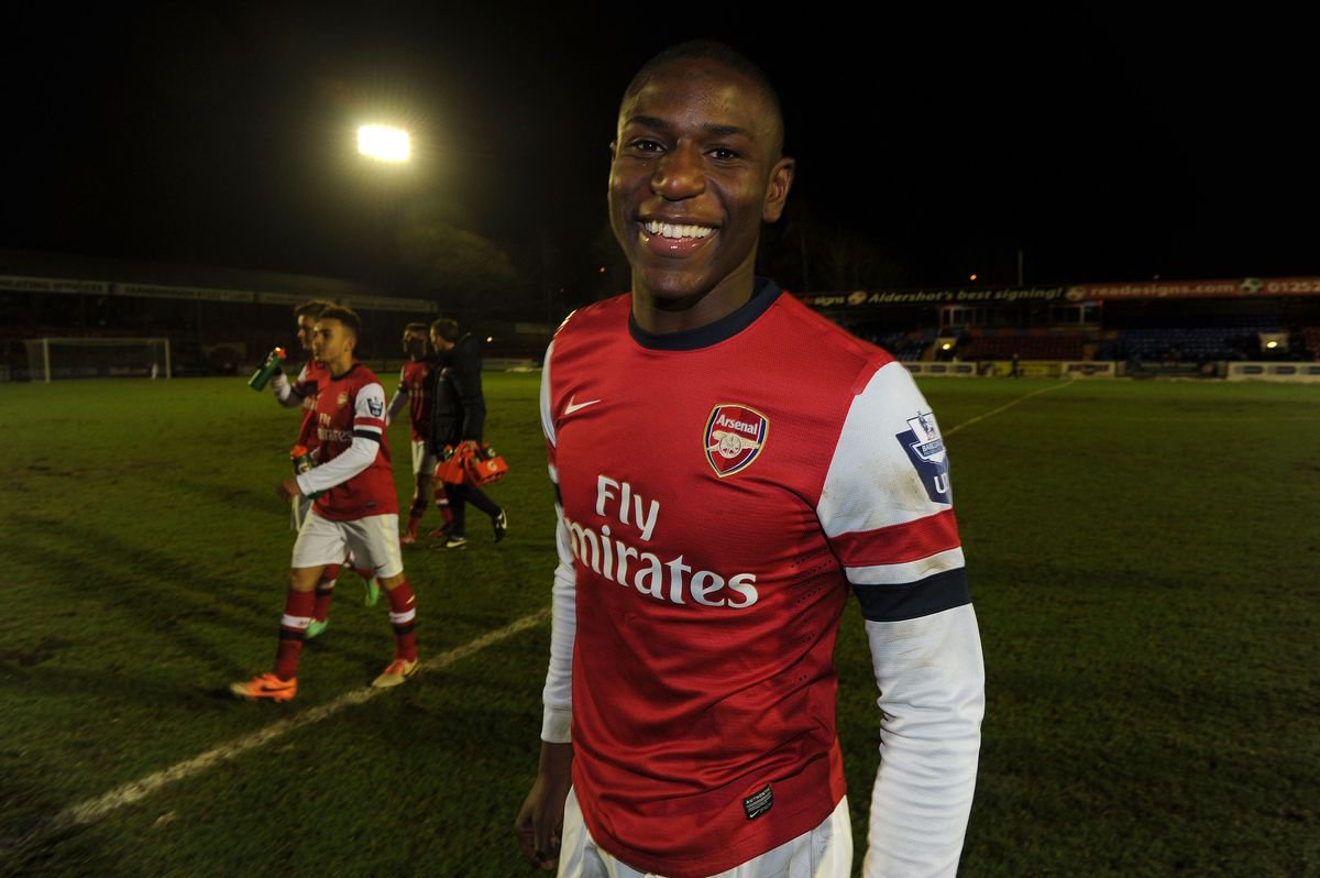 Benik Afobe Arsenal's goalscorer celebrates after the Under-21 Premier League Cup match between Chelsea U21 and Arsenal U21