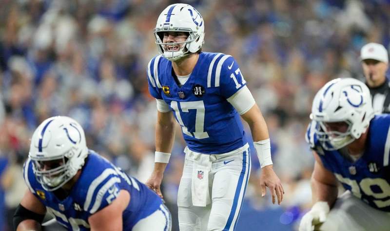 Indianapolis Colts quarterback Daniel Jones (17) yells at the line of scrimmage Sunday, Nov. 30, 2025, during a game against the Houston Texans at Lucas Oil Stadium in Indianapolis.