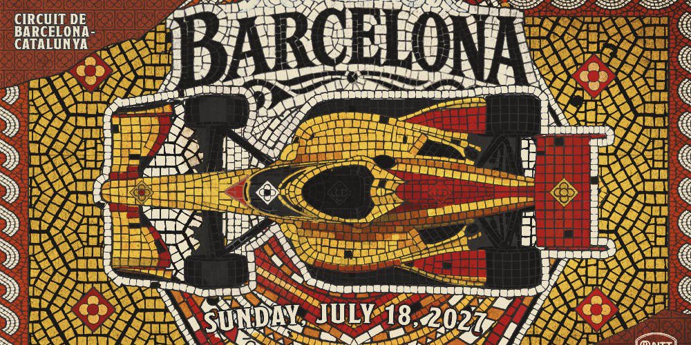 Ein IndyCar-Rennwagen ist im Mosaik-Stil dargestellt, umrahmt von den Schriftzügen "Barcelona", "Circuit de Barcelona-Catalunya" und dem Renndatum "Sunday, July 18, 2027".