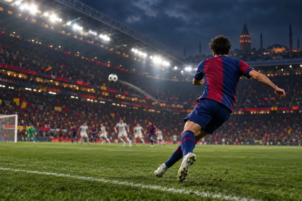 Silhouetted Barcelona winger delivers a decisive cross during a dramatic comeback in Istanbul