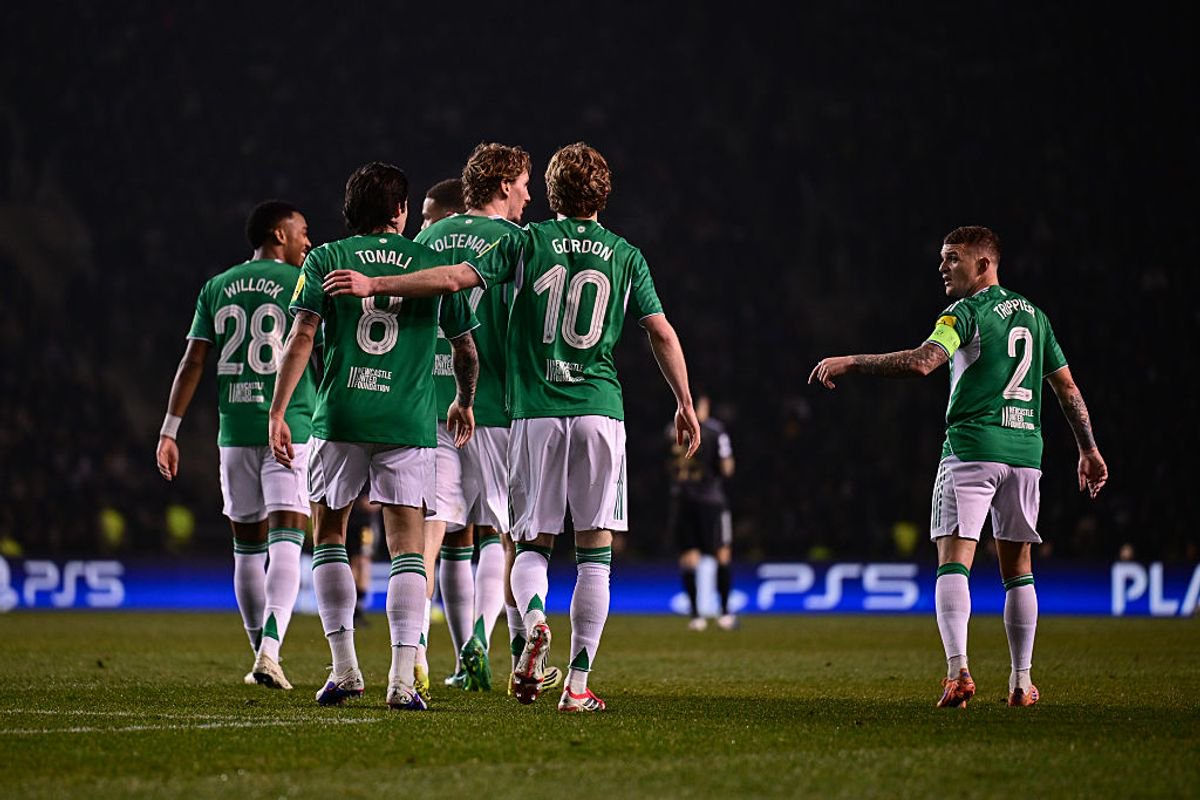 Anthony Gordon of Newcastle United (10) celebrates with teammates after scoring Newcastle's fourth (and his third) goal during the UEFA Champions League 2025/26 League Knockout Play-off First Leg match between Qarabag FK and Newcastle United FC at Tofiq Bahramov Stadium on February 18, 2026 in Baku, Azerbaijan.