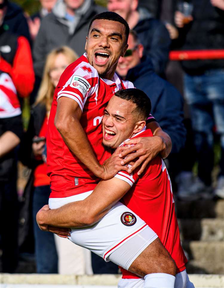 Ebbsfleet’s Kwesi Appiah, left, and Lennon Peake celebrate during last Saturday’s 6-1 win over Weston-super-Mare - one of 10 National League matches played without defeat. Picture: Ed Miller/EUFC