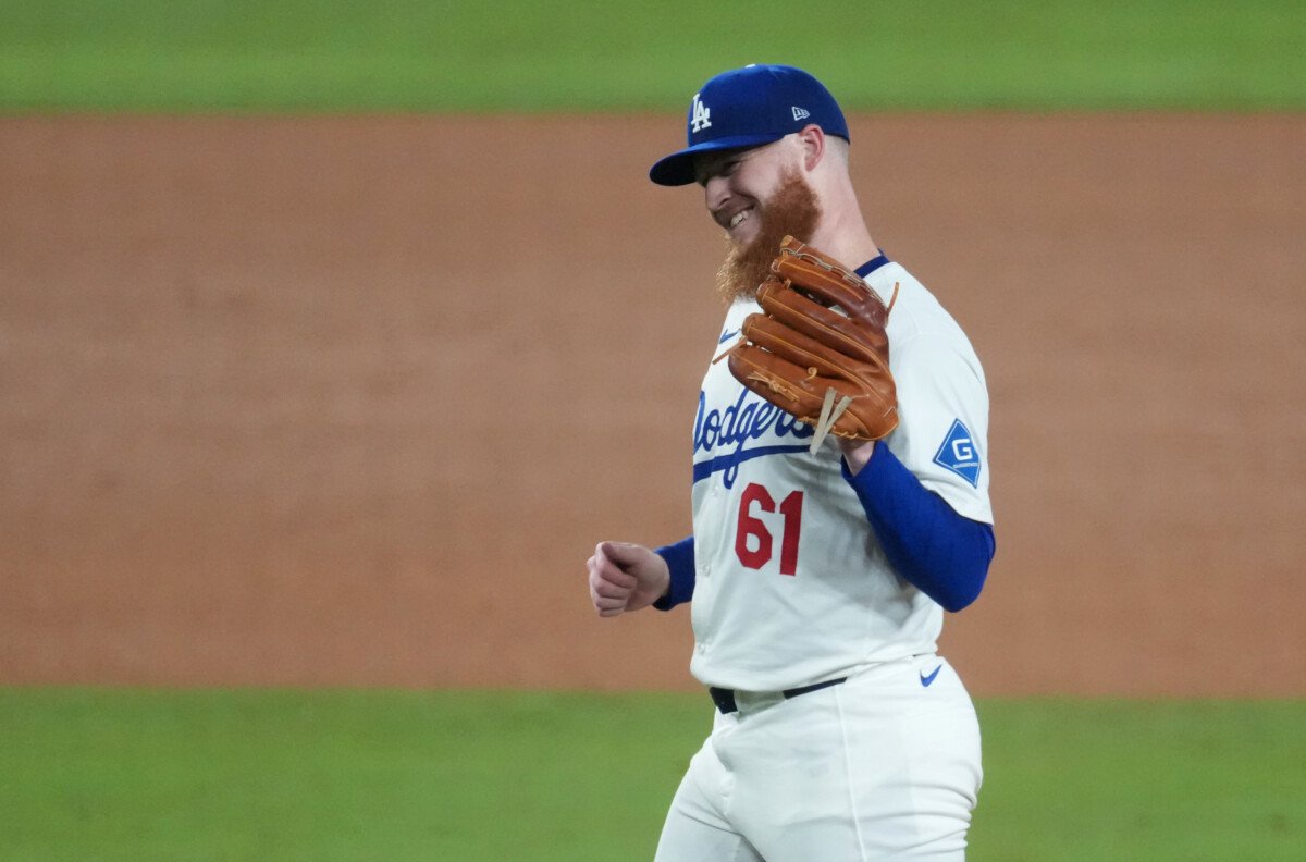 Oct 27, 2025; Los Angeles, California, USA; Los Angeles Dodgers pitcher Will Klein reacts after the seventeenth inning against the Toronto Blue Jays in game three of the 2025 MLB World Series at Dodger Stadium. Mandatory Credit: Kirby Lee-Imagn Images