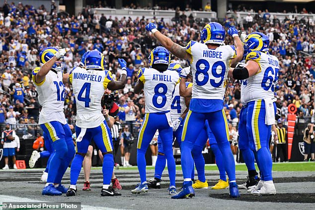 Los Angeles Rams wide receiver Puka Nacua, far left, celebrates after scoring a touchdown with teammates during the first half of an NFL football game against the Las Vegas Raiders, Sunday, Oct. 25, 2026, in Las Vegas. (AP Photo/David Becker)