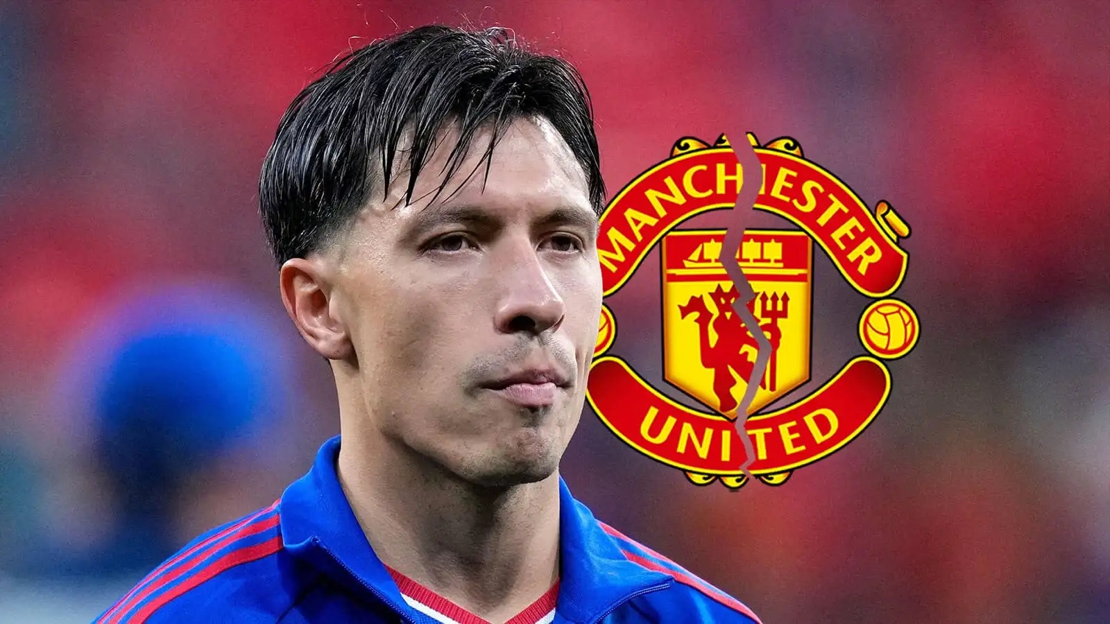 Manchester United star Lisandro Martinez next to a cracked club badge