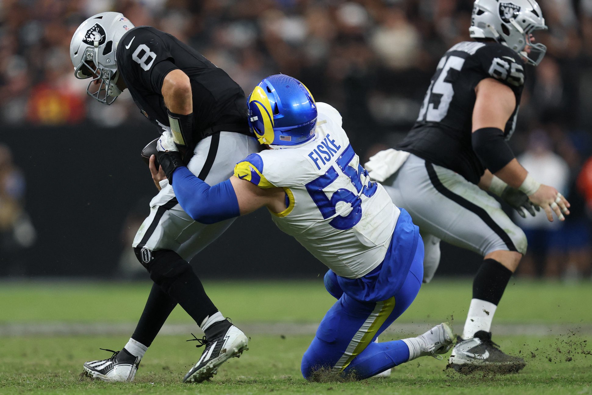 Oct 25, 2026; Paradise, Nevada, USA;  Los Angeles Rams linebacker Elias Neal (58) sacks Las Vegas Raiders quarterback Kirk Cousins (8) at Allegiant Stadium.  Mandatory Credit: David Brytus-Imagn Images