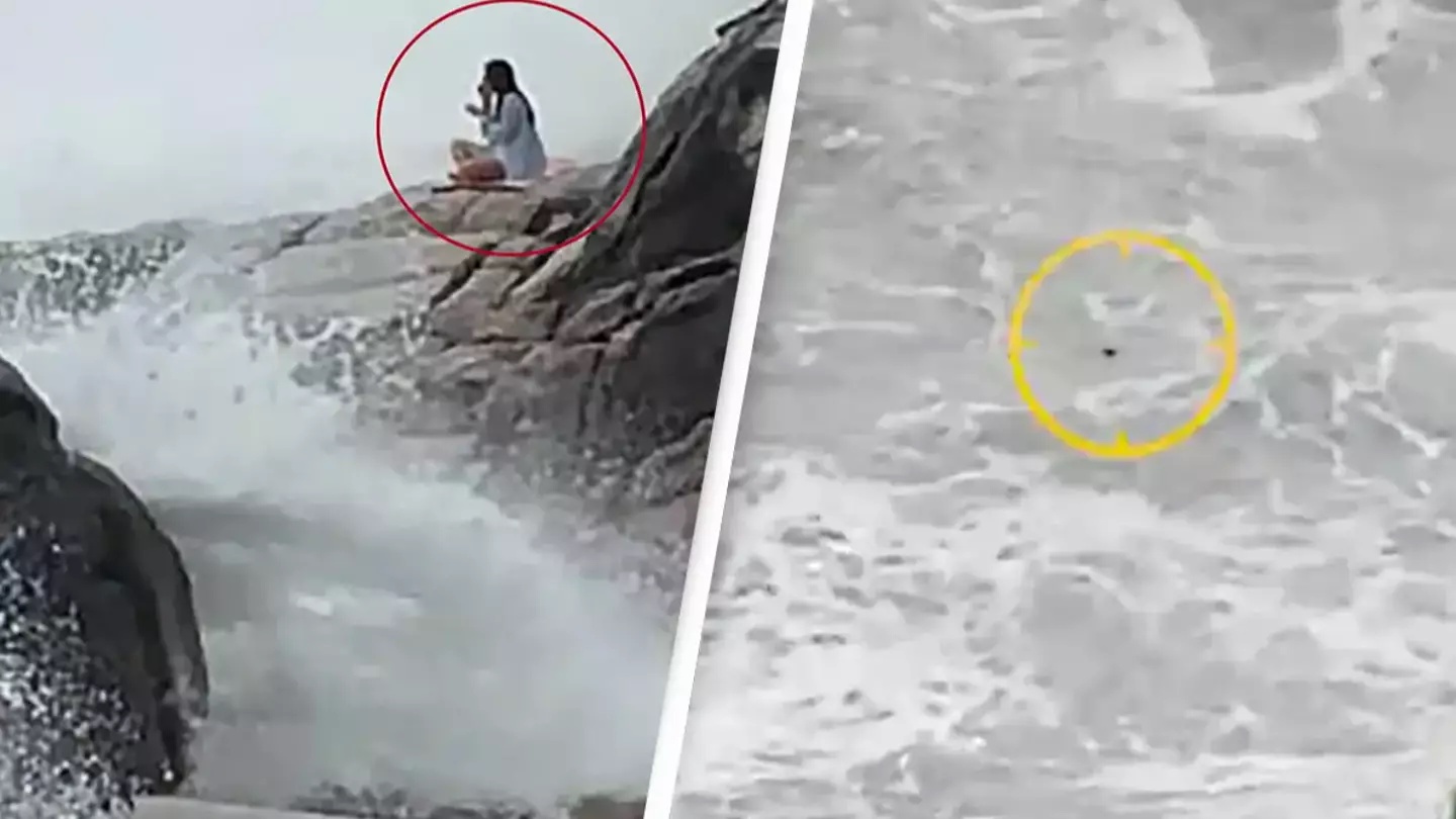 Chilling footage of woman's final moments doing yoga on rocks before being swept out to sea by giant waves