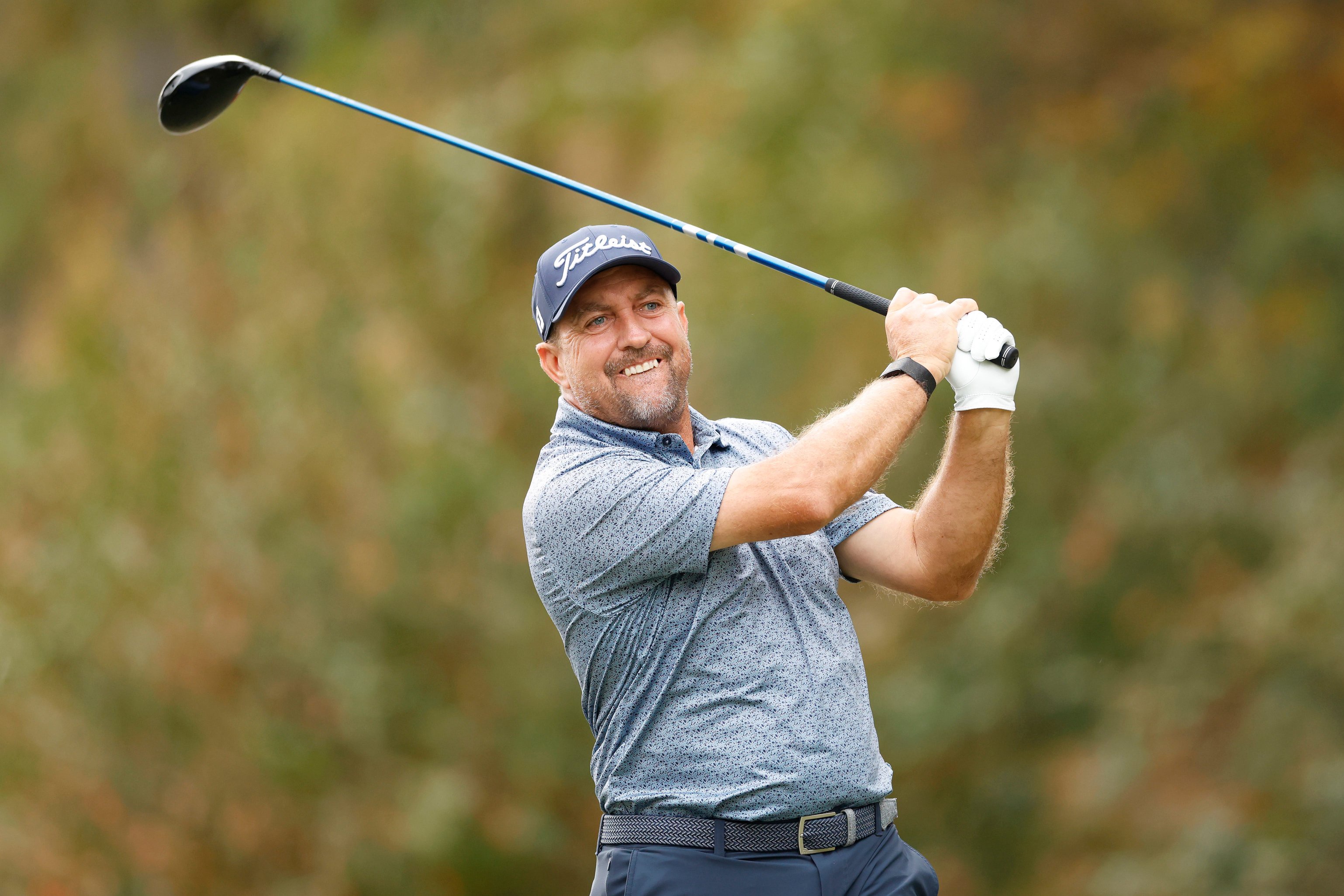 Darren Fichardt plays his shot from the fourth tee during the second round of the Simmons Bank Championship at Pleasant Valley Country Club in Little Rock, Arkansas.