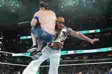 The Rock giving John Cena The Rock Bottom at WrestleMania XL