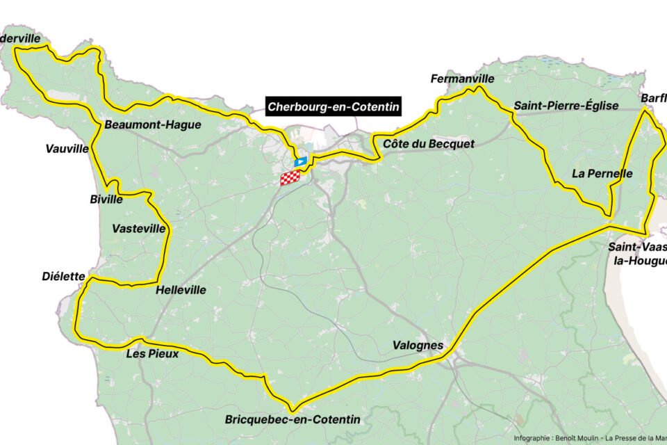 Le tracé de la 4e étape du Tour de France dans le Cotentin, le 6 juillet 2027.