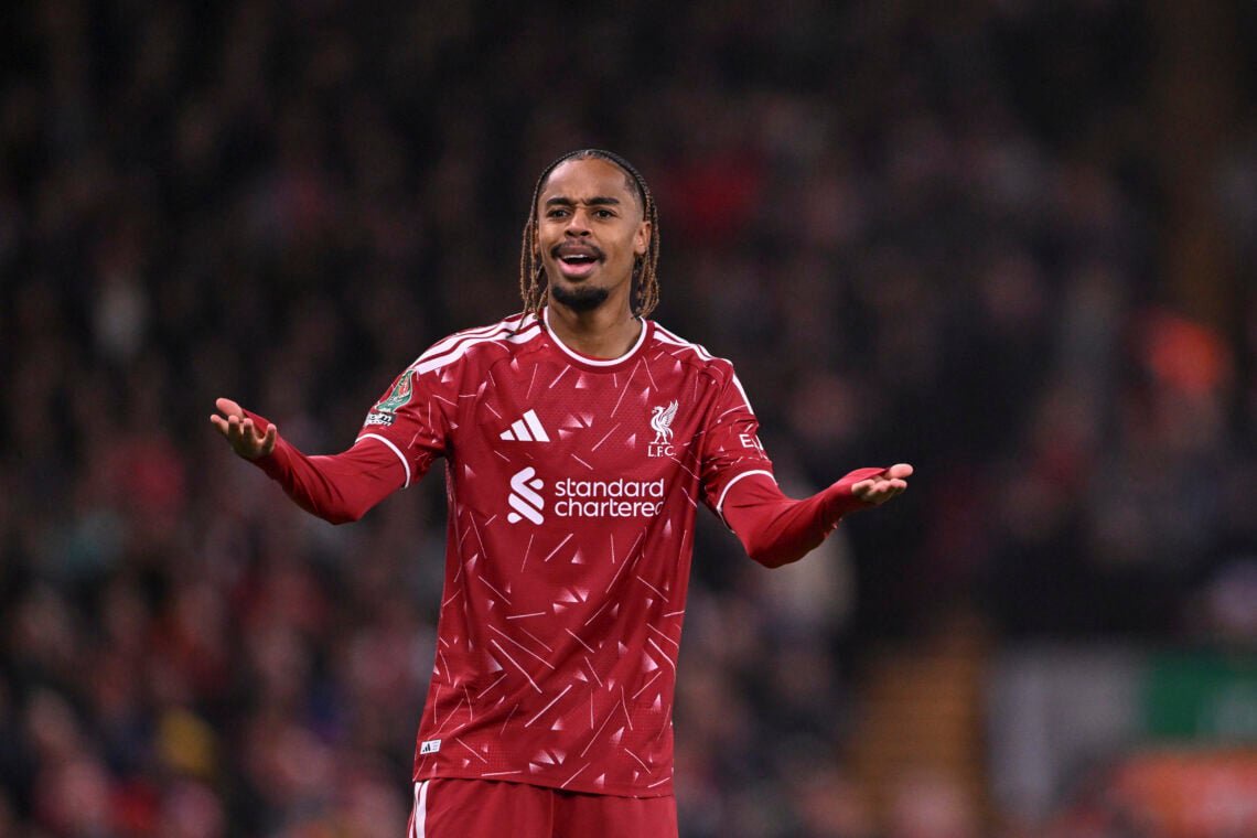 Bradley Barcola holds out both of his hands during Liverpool's Carabao Cup match against Chelsea at Anfield.