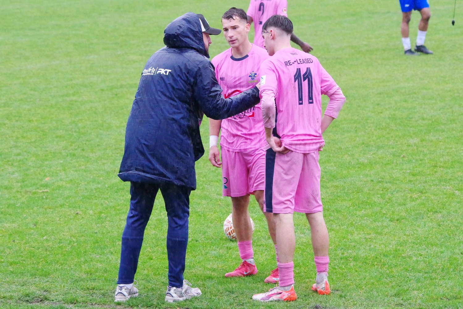 Boro boss Darren Manning relays instructions to Jaxon Brown and Kian Cocking during a break in play