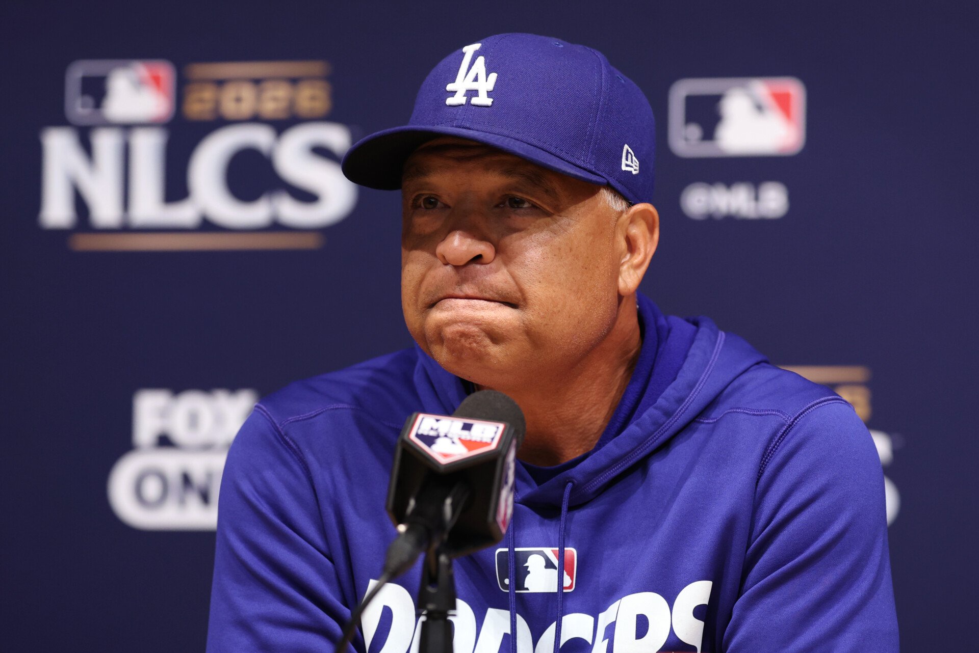 Oct 15, 2026; Los Angeles, California, USA; Los Angeles Dodgers manager Dave Roberts speaks in a press conference before game four of the NLCS for the 2026 MLB Playoffs against the Milwaukee Brewers at Uniqlo Field at Dodger Stadium. Mandatory Credit: Kiyoshi Mio-Imagn Images