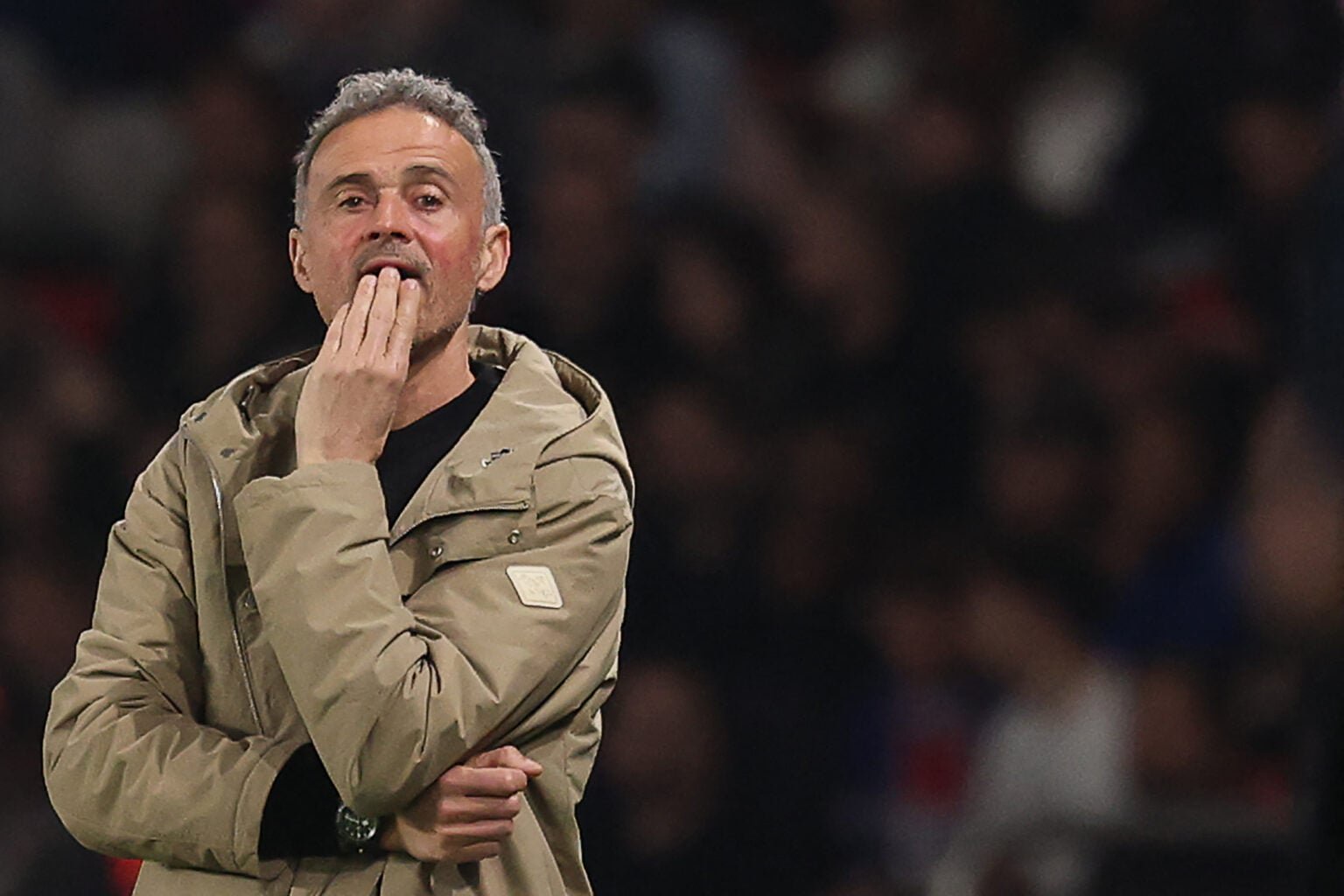 Paris Saint-Germain's Spanish headcoach Luis Enrique reacts during the French L1 football match between Paris Saint-Germain (PSG) and AS Monaco at the Parc des Princes stadium in Paris on March 6, 2026.