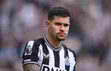 Newcastle United player Bruno Guimaraes looks on during the Premier League match between Newcastle United and Tottenham Hotspur at St. James Park o...