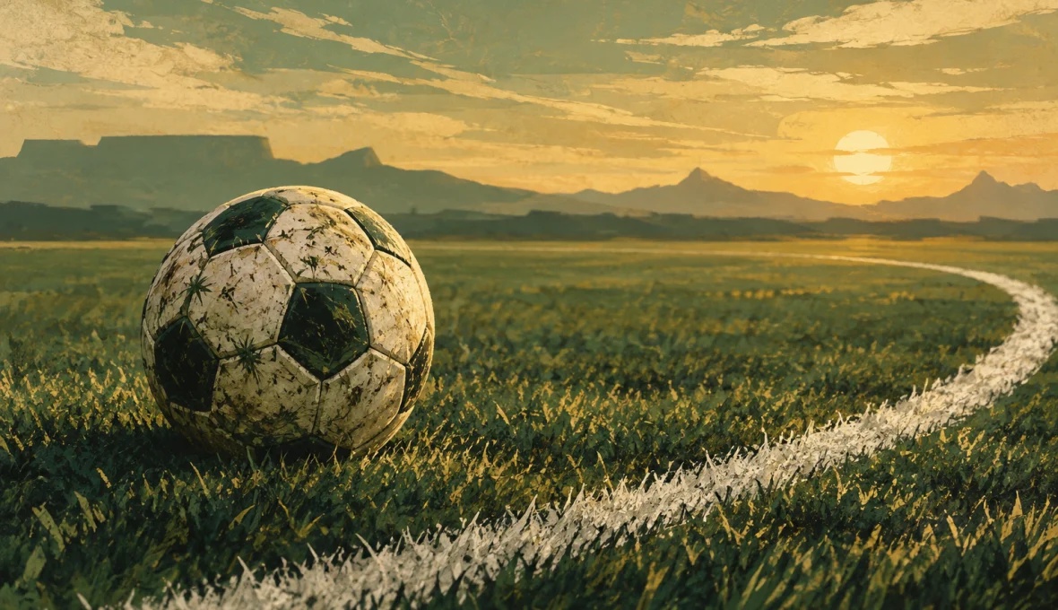 Illustrated football resting on an abstract grass pitch