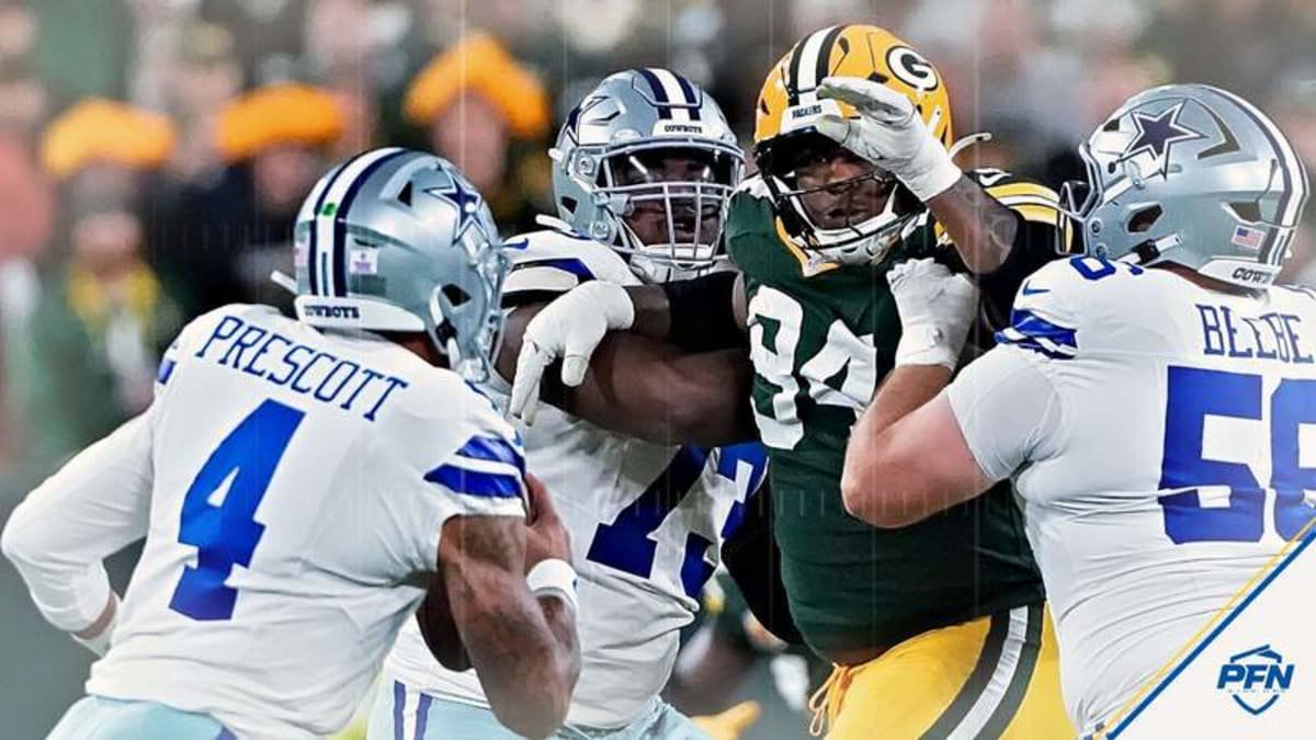 Green Bay Packers defensive tackle Karl Brooks (94) rushes Dallas Cowboys quarterback Dak Prescott (4) on Sunday, Oct. 18, 2026, at Lambeau Field in Green Bay, Wisconsin.