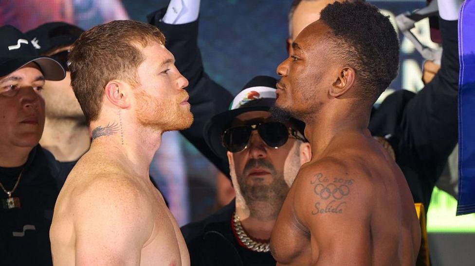 Saul 'Canelo' Alvarez and Christian Mbilli face off and are shirtless