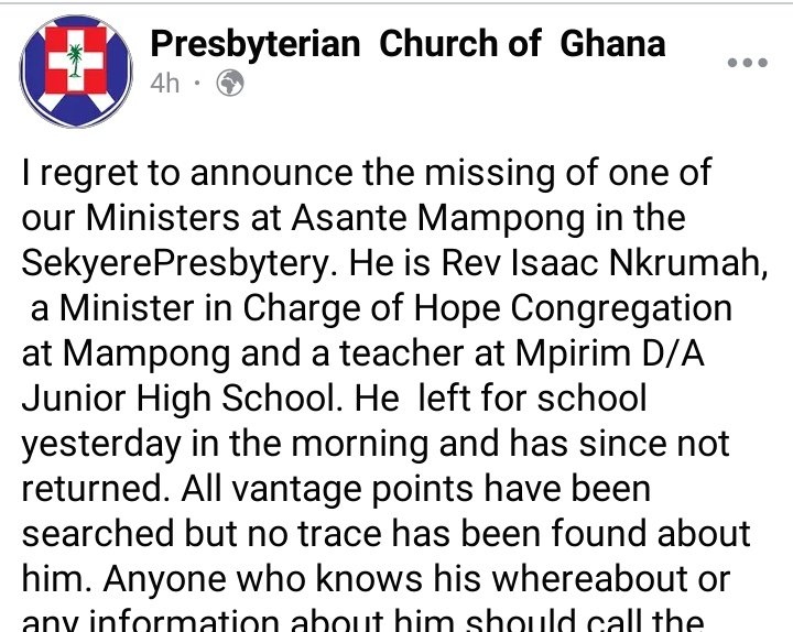 BREAKING NEWS: Sad News As Popular Pastor Announced Missing -See Photos