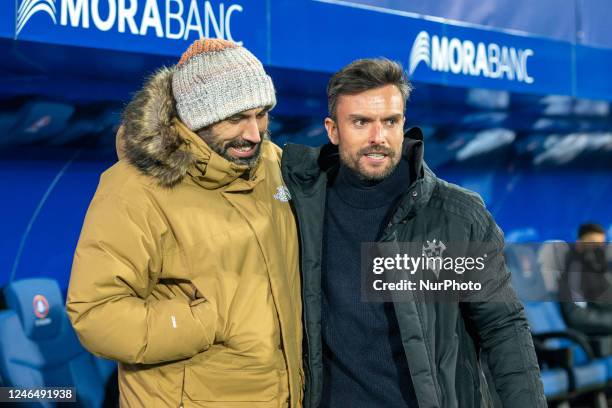 Ruben albes coach of albacete bp and eder saravia coach of fc andorra during the laliga