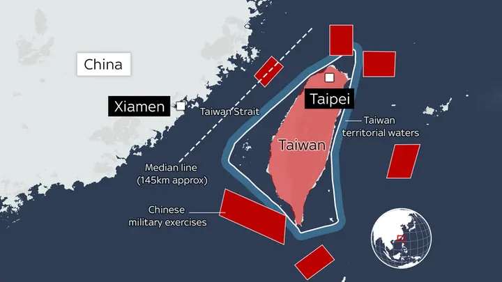 05.08.22. Map shows where Chinese military exercises are taking place (in the red boxes). The north box nudges into Taiwan's territorial waters 