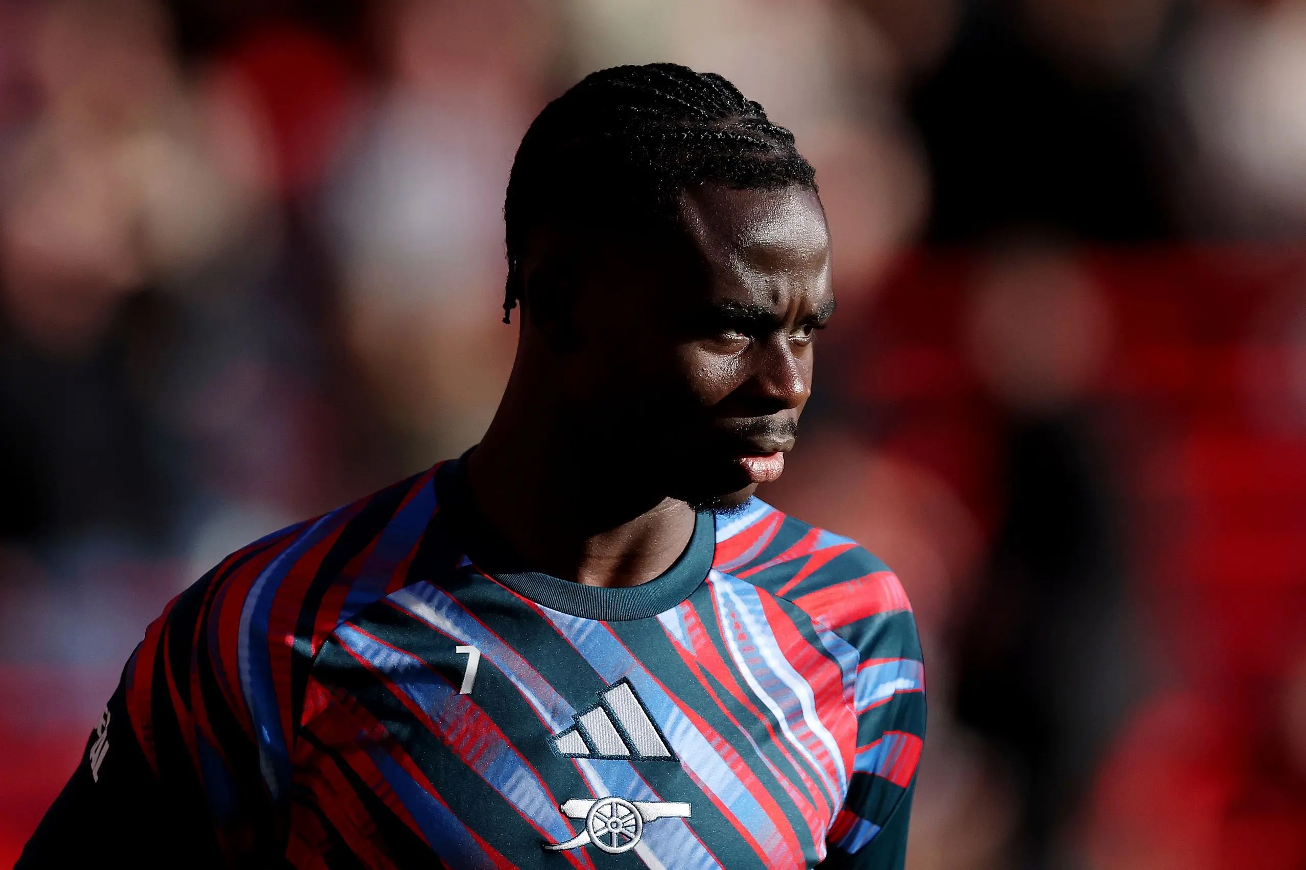 Bukayo Saka of Arsenal looks on during the warm up before the Premier League 2026/27 match between Nottingham Forest FC.