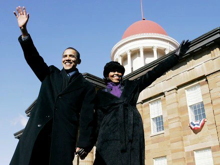 ** FILE ** In this Feb. 10, 2007 file photo, then Sen. Barack Obama, D-Ill. and his wife Michelle wave to the crowd after he announced his candidacy for president of the United States at the Old State Capitol in Springfield, Ill.  (AP Photo/Charles Rex Arbogast, File)