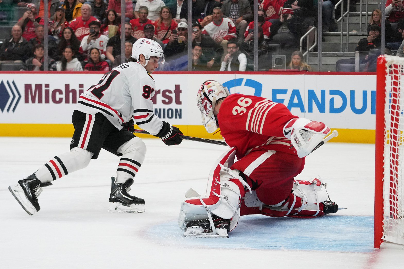 Red Wings goaltender John Gibson stops a penalty shot from Blackhawks center Frank Nazar in the second period Thursday, Oct. 29, 2026, in Detroit. (Paul Sancya/AP)