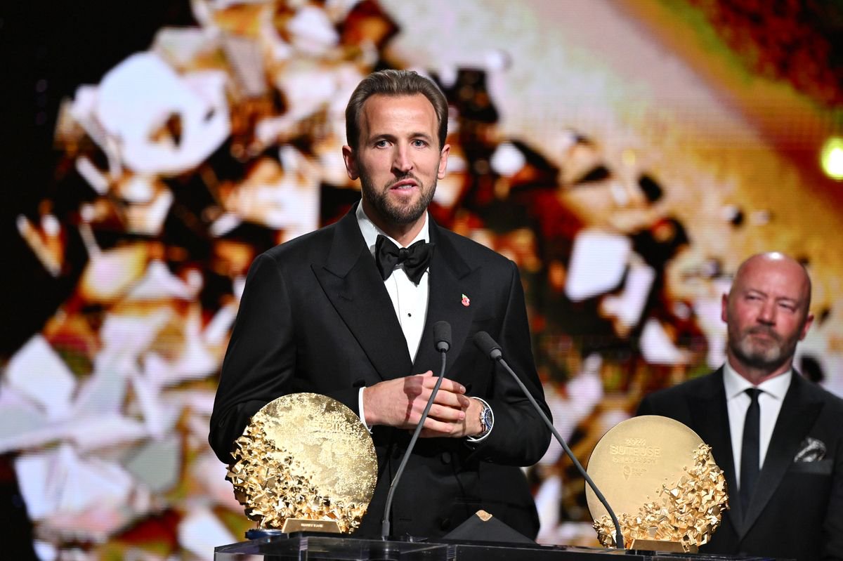 Harry Kane accepts the Men's Striker of the Year award during the 70th Ballon D'Or