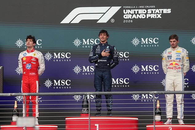 Mercedes driver Andrea Kimi Antonelli of Italy celebrates on the podium after winning the Formula One U.S. Grand Prix auto race, with second placed Ferrari driver Charles Leclerc of Monaco, and third Red Bull driver Max Verstappen of the Netherlands, in Austin, Texas, Sunday, Oct. 25, 2026. (AP Photo/Eric Gay)