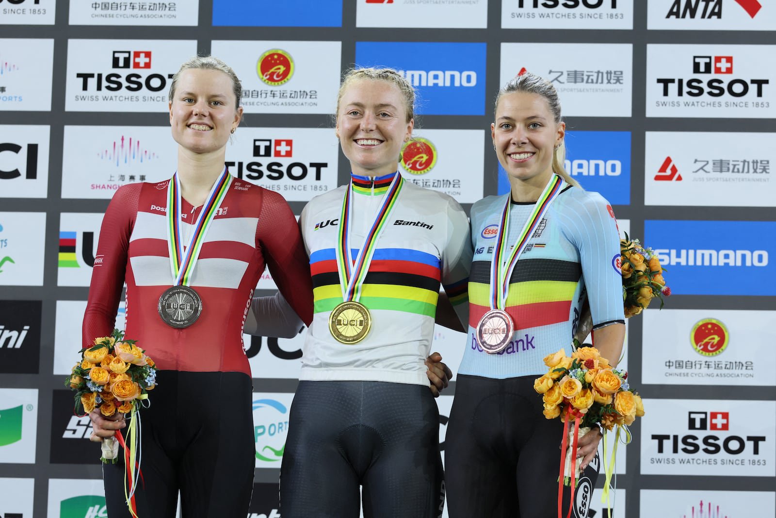 Lara Gillespie (centre) won gold in the points race at the UCI Track Cycling World Championships in Shanghai, China. Photograph: Benoit Doppagne/Belga/AFP via Getty Images